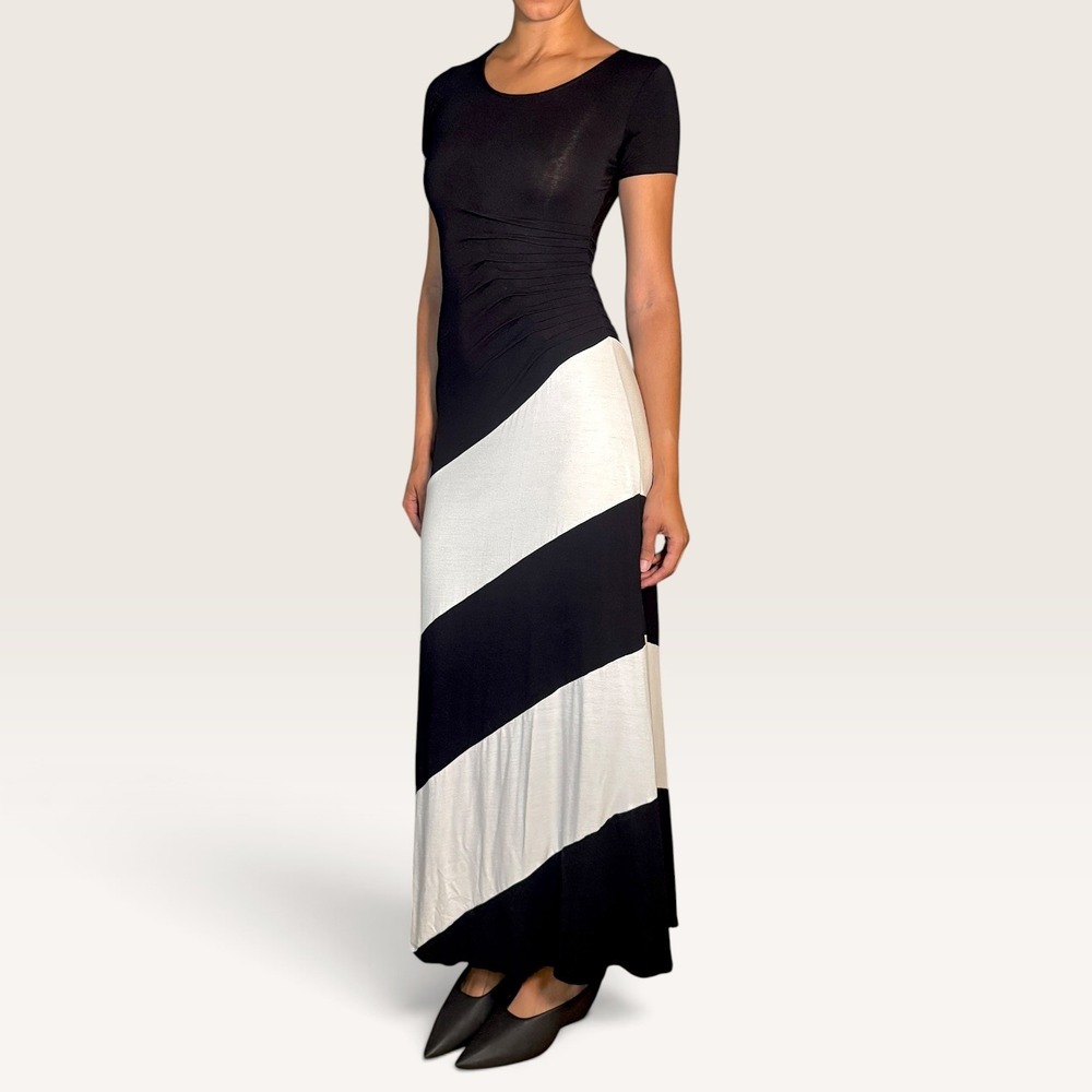ECI NY Black White Striped Ruched Maxi Dress Small Whimsigoth Colorblock EUC